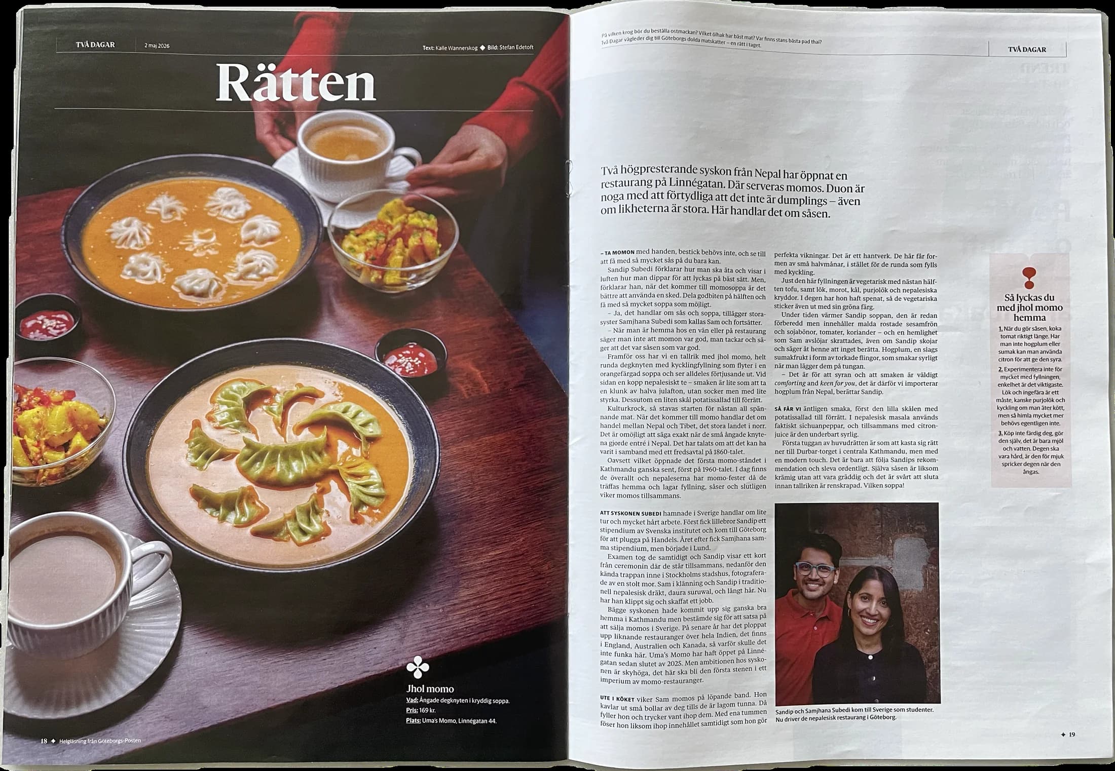 Göteborgs-Posten newspaper spread featuring Uma's MOMO and its jhol momo
